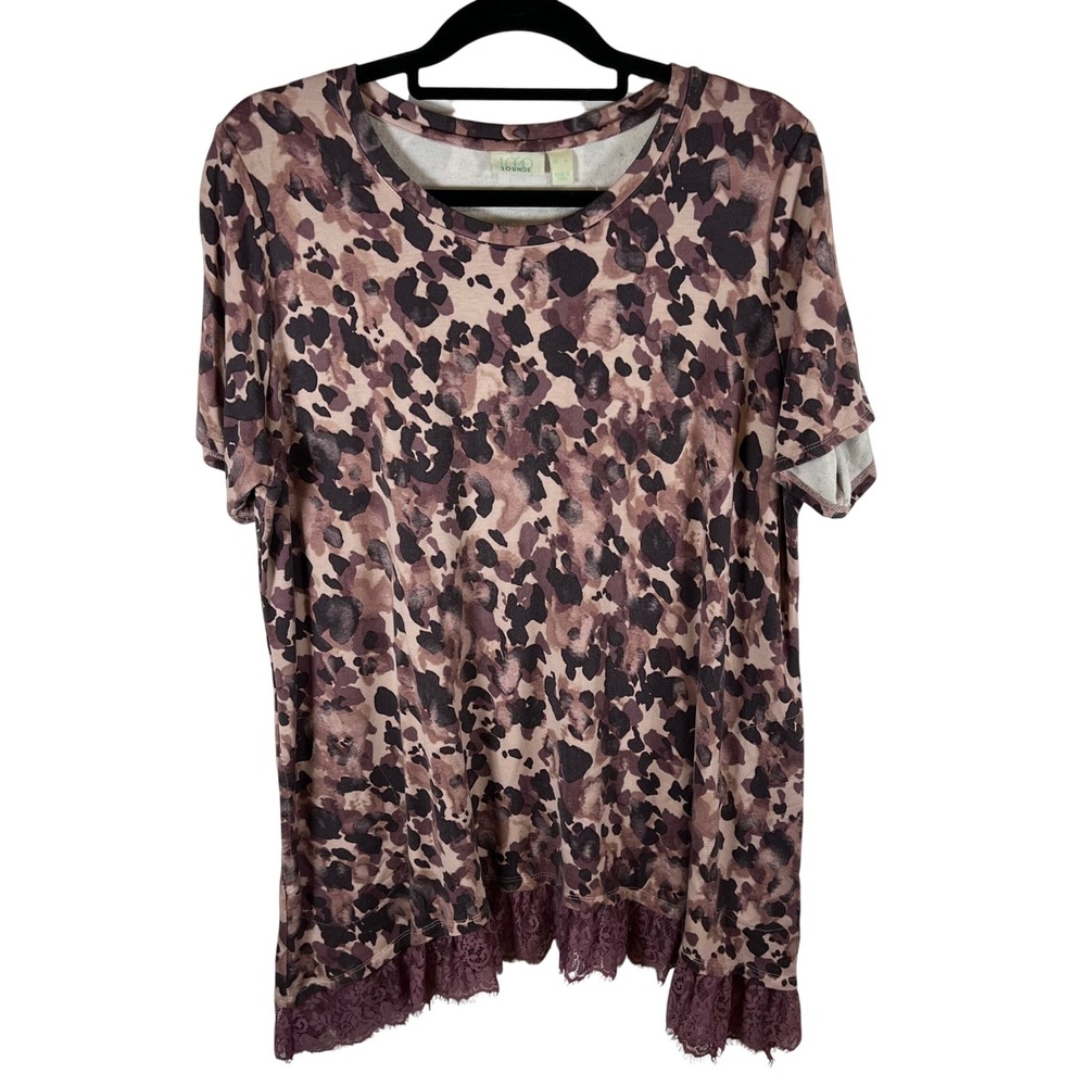 LOGO Lounge Lori Goldstein Mauve Purple Leopard Print Lace Trim Top‎ XL Artsy